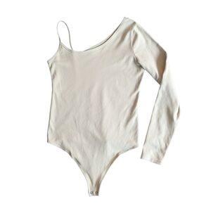 Abercrombie & Fitch Bodysuit Small Beige Soft AF One Shoulder Long Sleeve Thong